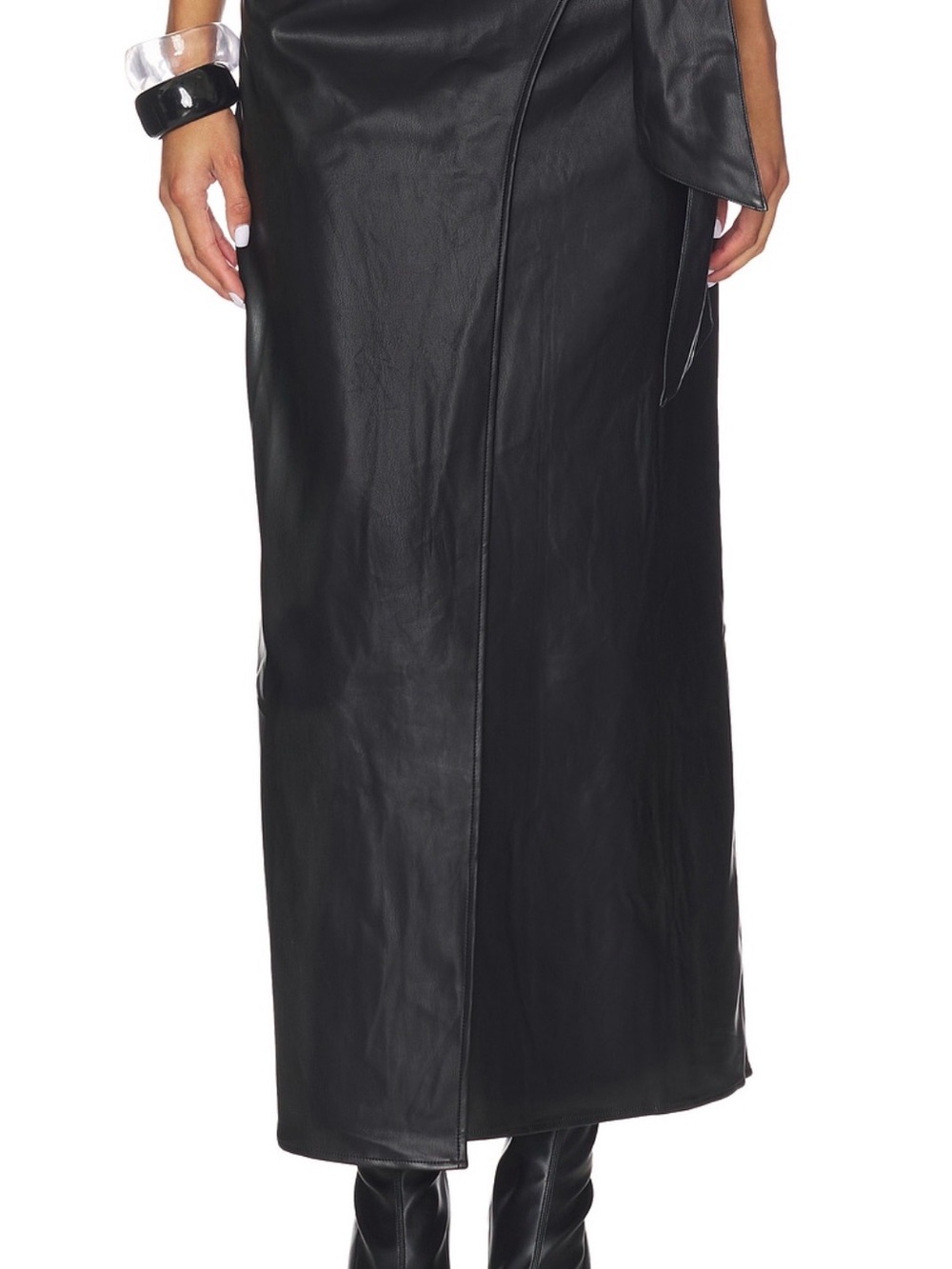 Faux Leather Black Maxi Skirt with Front Seam